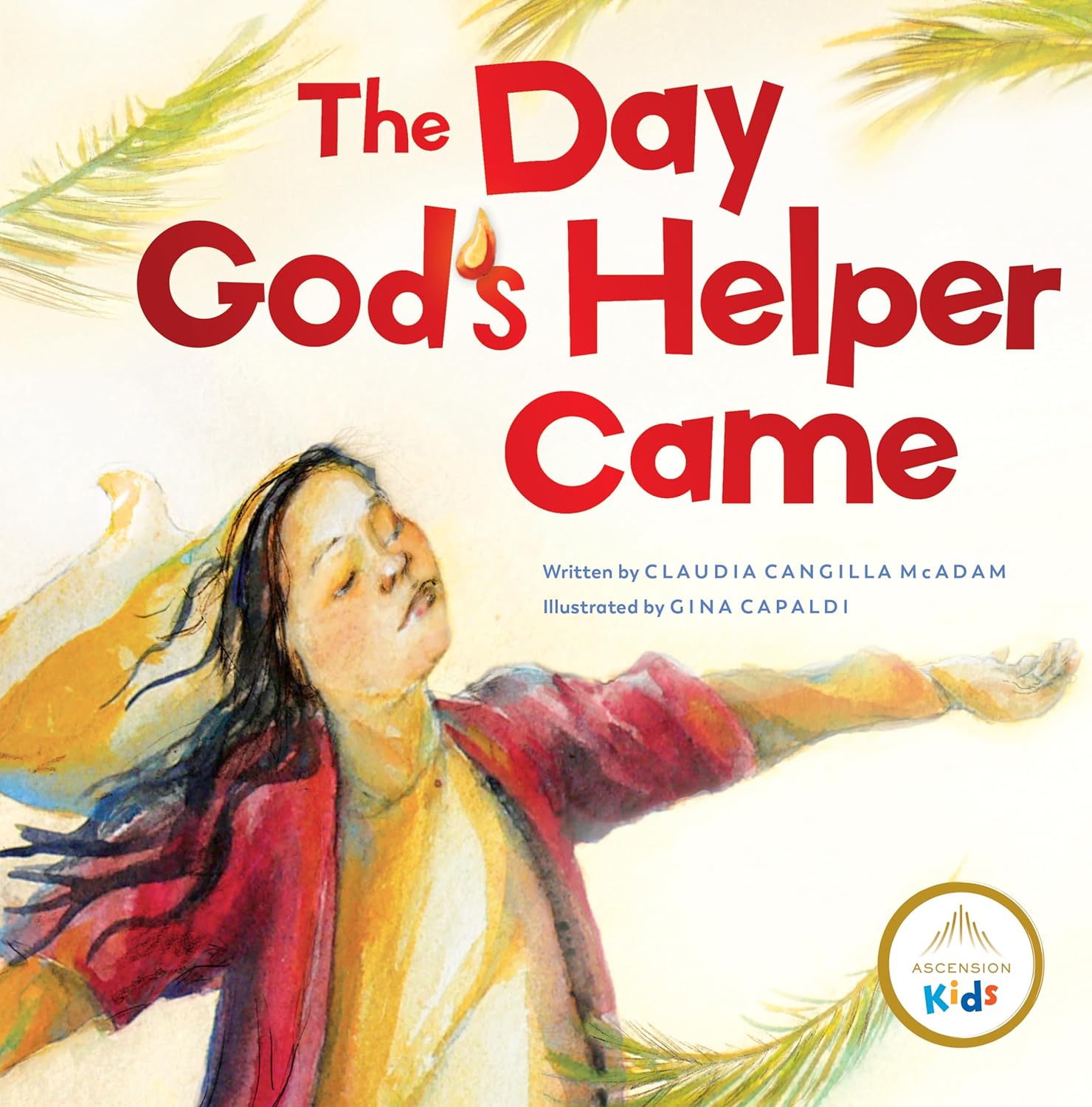 Book cover of 'The Day God's Helper Came' with a child and palm leaves.