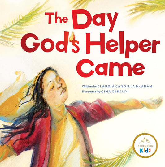 Book cover of 'The Day God's Helper Came' with a child and palm leaves.