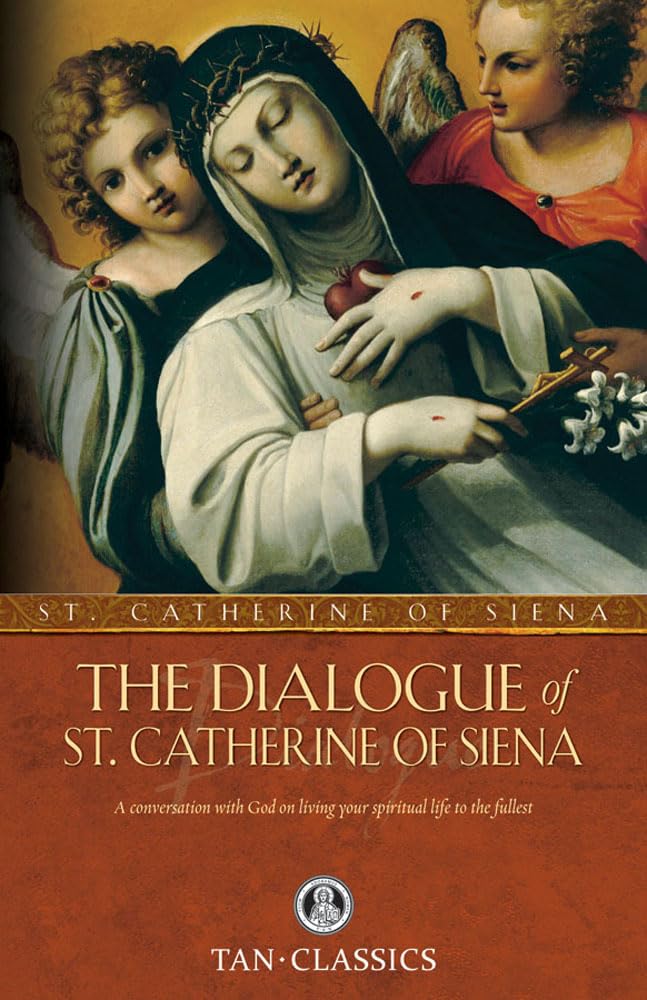 Book cover of 'The Dialogue of St. Catherine of Siena' with artistic depiction of a woman and two angels.