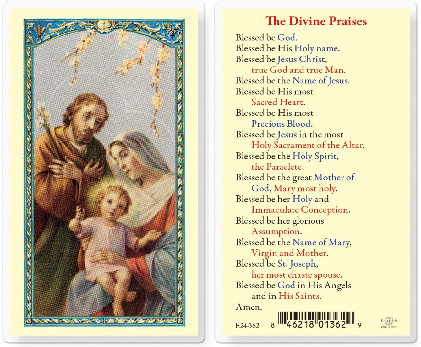 Prayer card with religious illustration of圣家族 and text on a white background