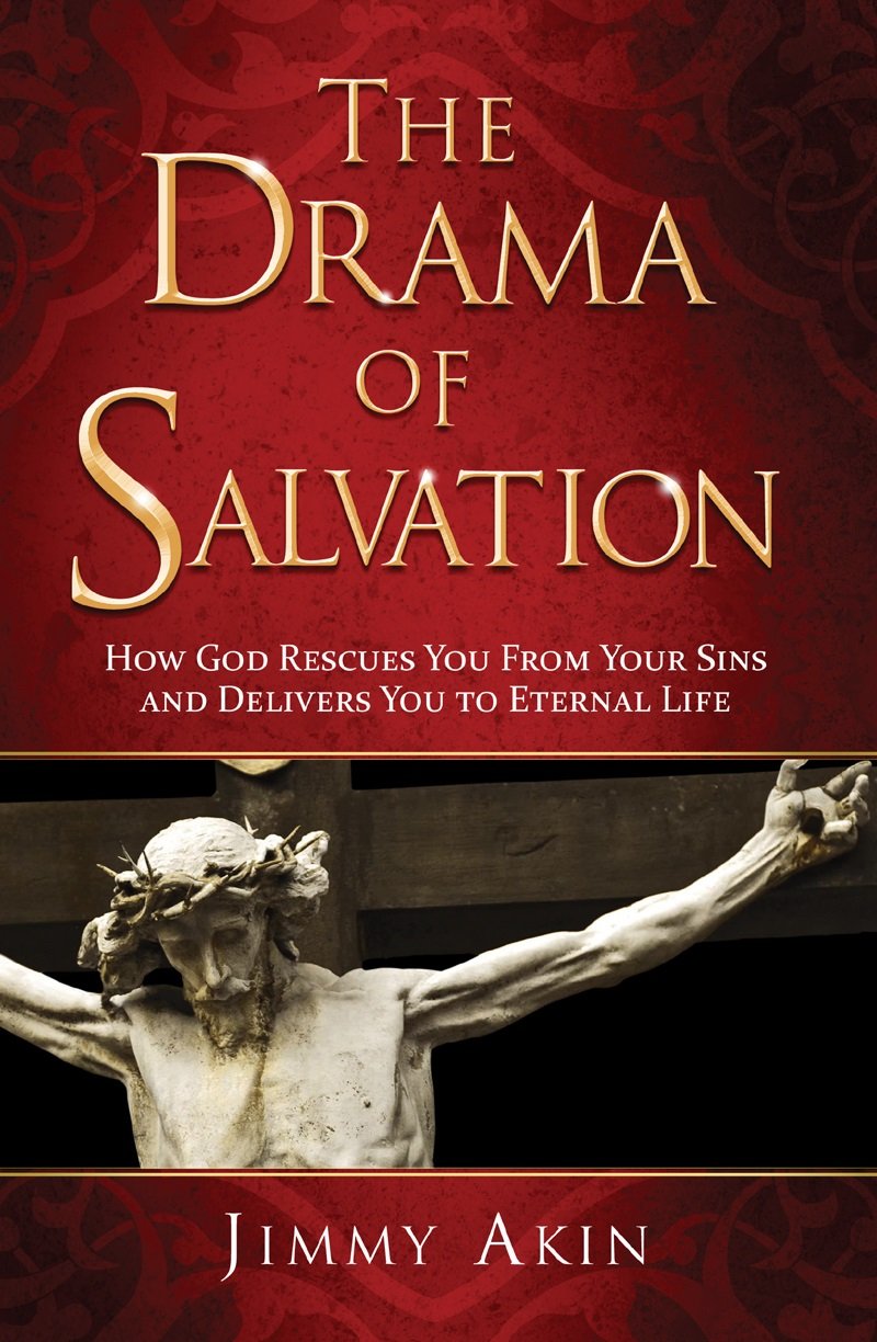 This image features the cover of the book titled "The Drama of Salvation" by Jimmy Akin. The cover design is庄重 and visually striking, showcasing a powerful statue of Jesus Christ in a dynamic pose against a rich, dark red background.