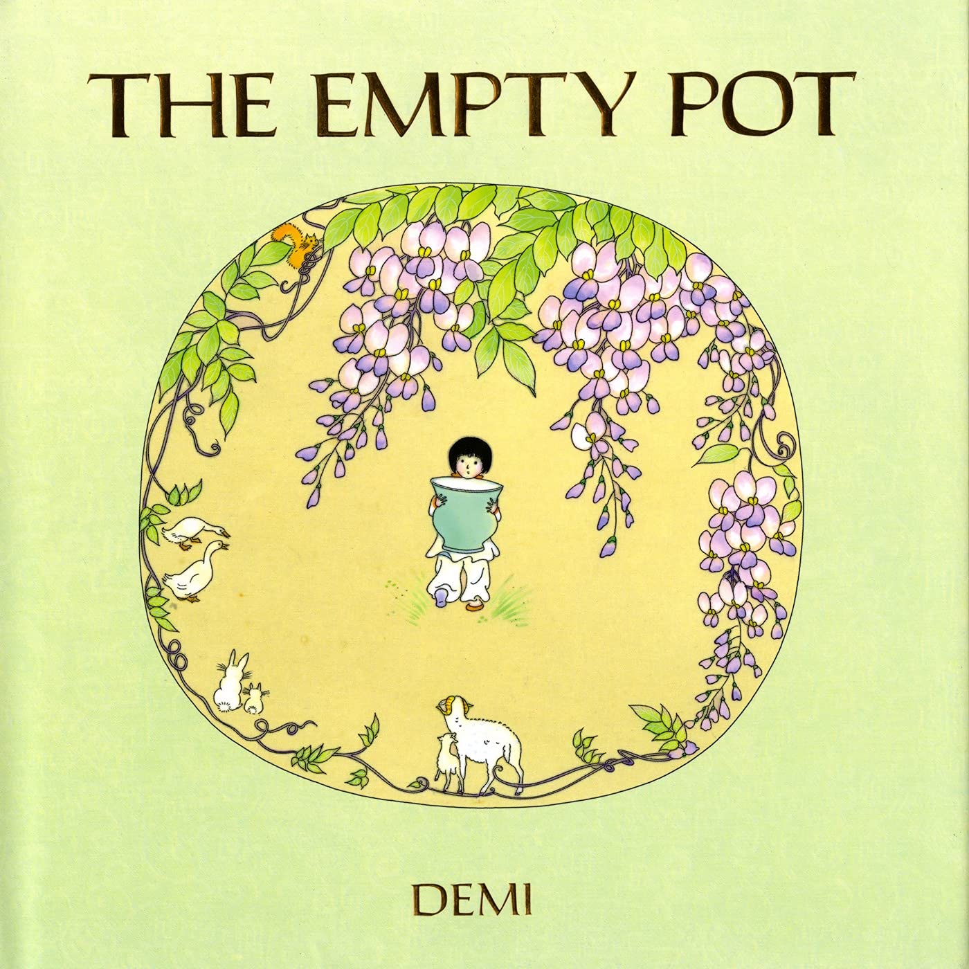 Book cover of 'The Empty Pot' by Demi featuring a child under a wisteria tree with animals.