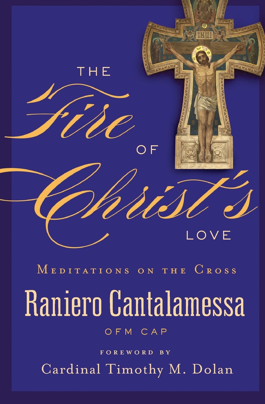 Book cover of 'The Fire of Christ's Love' with a cross illustration on a blue background