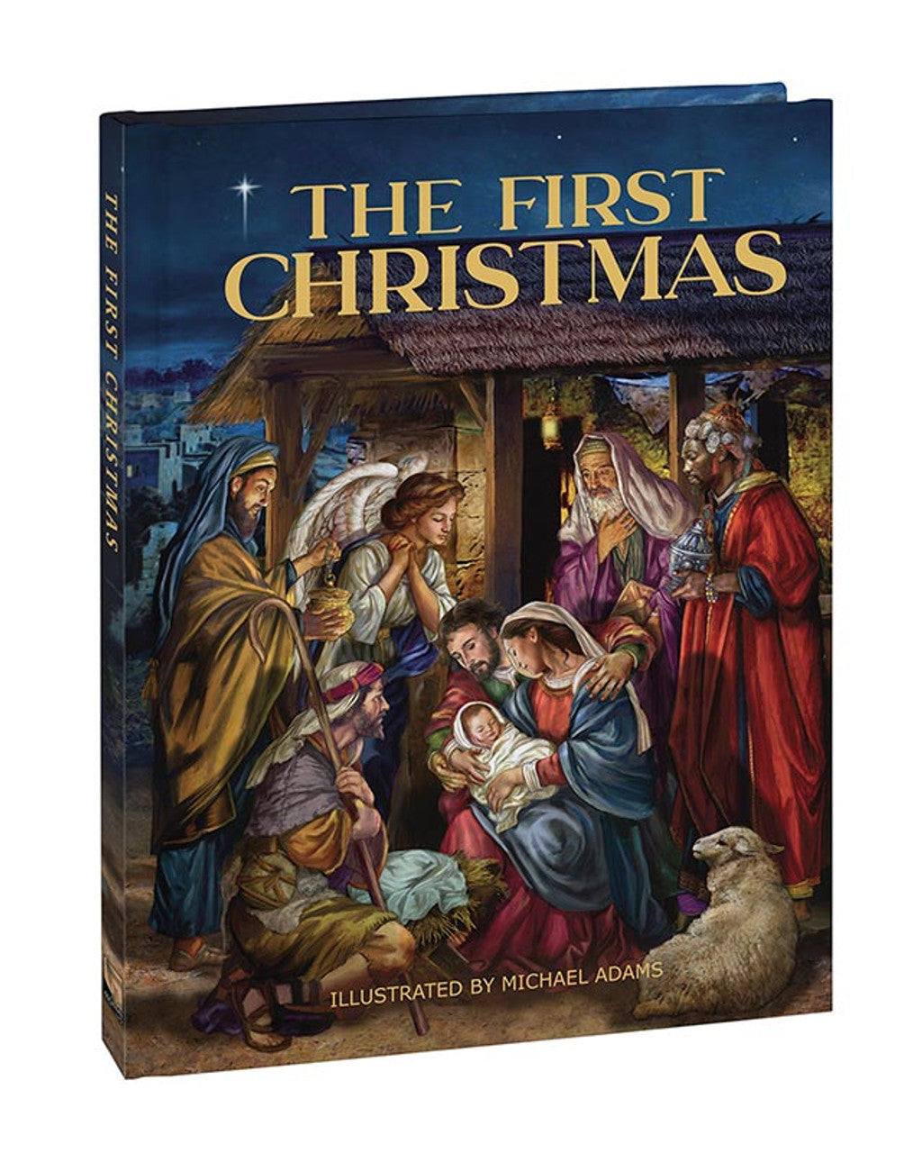 Book titled 'The First Christmas' with a nativity scene illustration on the cover.
