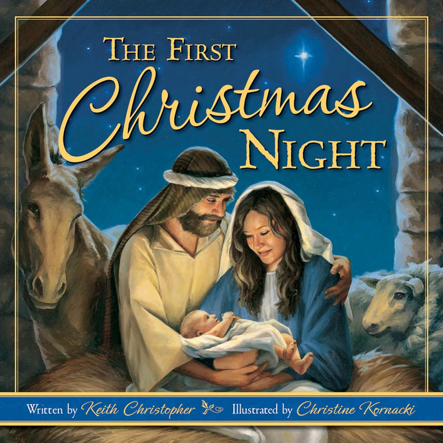 Book cover of 'The First Christmas Night' with a nativity scene illustration.