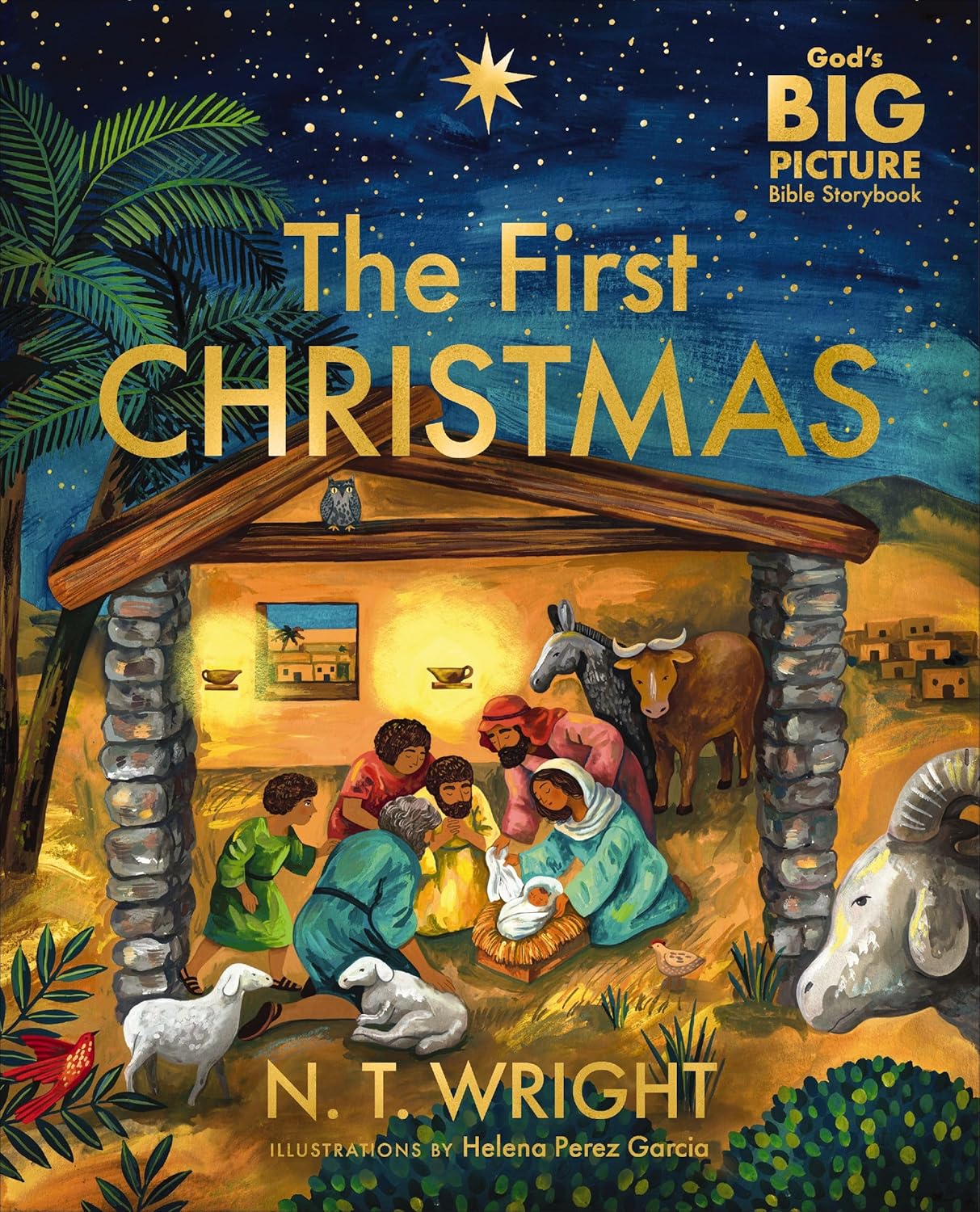 Book cover of 'The First Christmas' by N.T. Wright with a nativity scene illustration.