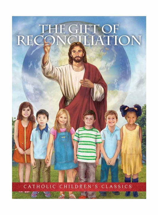 Book cover of 'The Gift of Reconciliation' with Jesus and children against a blue sky.