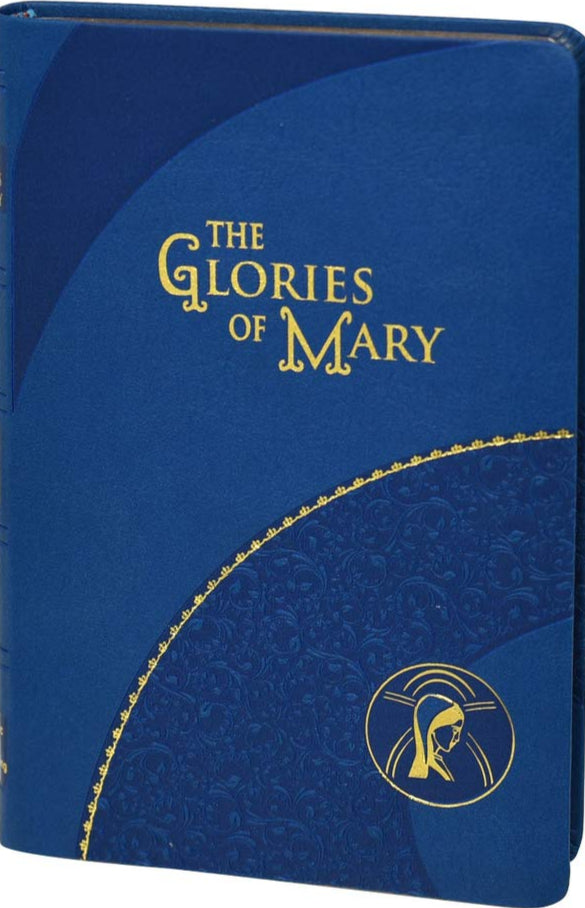 A blue book cover with the title 'The Glories of Mary' and an illustration of the Virgin Mary.