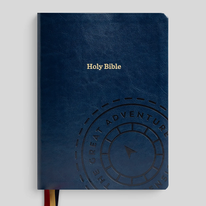 Blue leather-bound Bible with embossed text on a light gray background