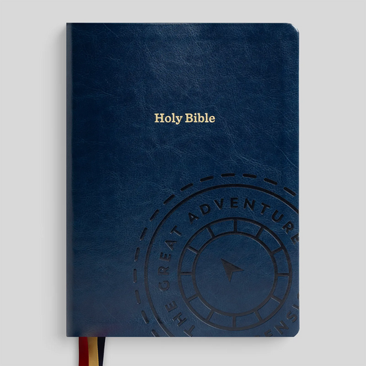 Blue leather-bound Bible with embossed text on a light gray background