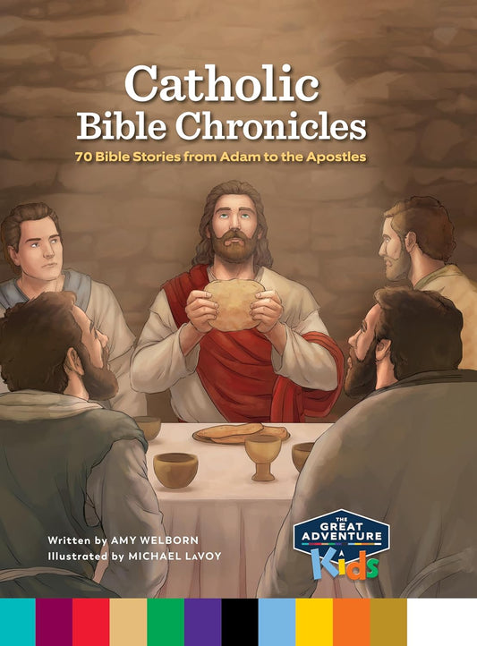 Book cover of 'Catholic Bible Chronicles' with a scene from the Bible and text about the book.