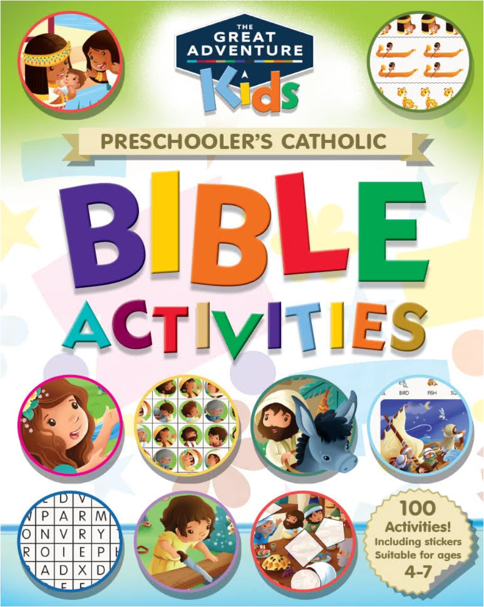 Book cover of 'Preschooler's Catholic Bible Activities' with colorful text and illustrations.
