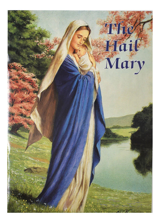Vintage-style illustration of a woman in a blue robe holding a child with cherry blossoms in the background, titled 'The Hail Mary'.