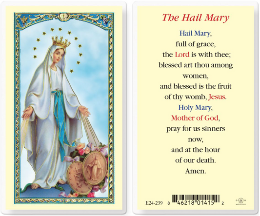 Prayer card with image of a religious figure and text on a light yellow background