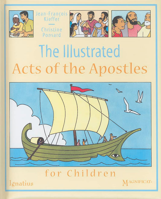 Book cover of 'The Illustrated Acts of the Apostles for Children' with a sailboat illustration on a beige background.