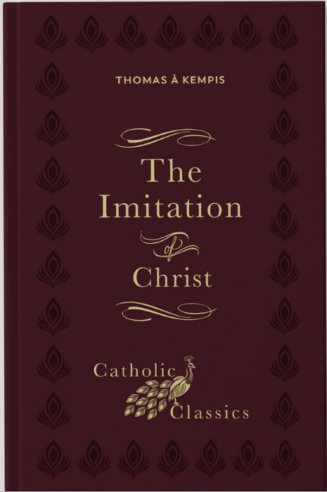 Book cover of 'The Imitation of Christ' by Thomas a Kempis with decorative elements on a dark red background.