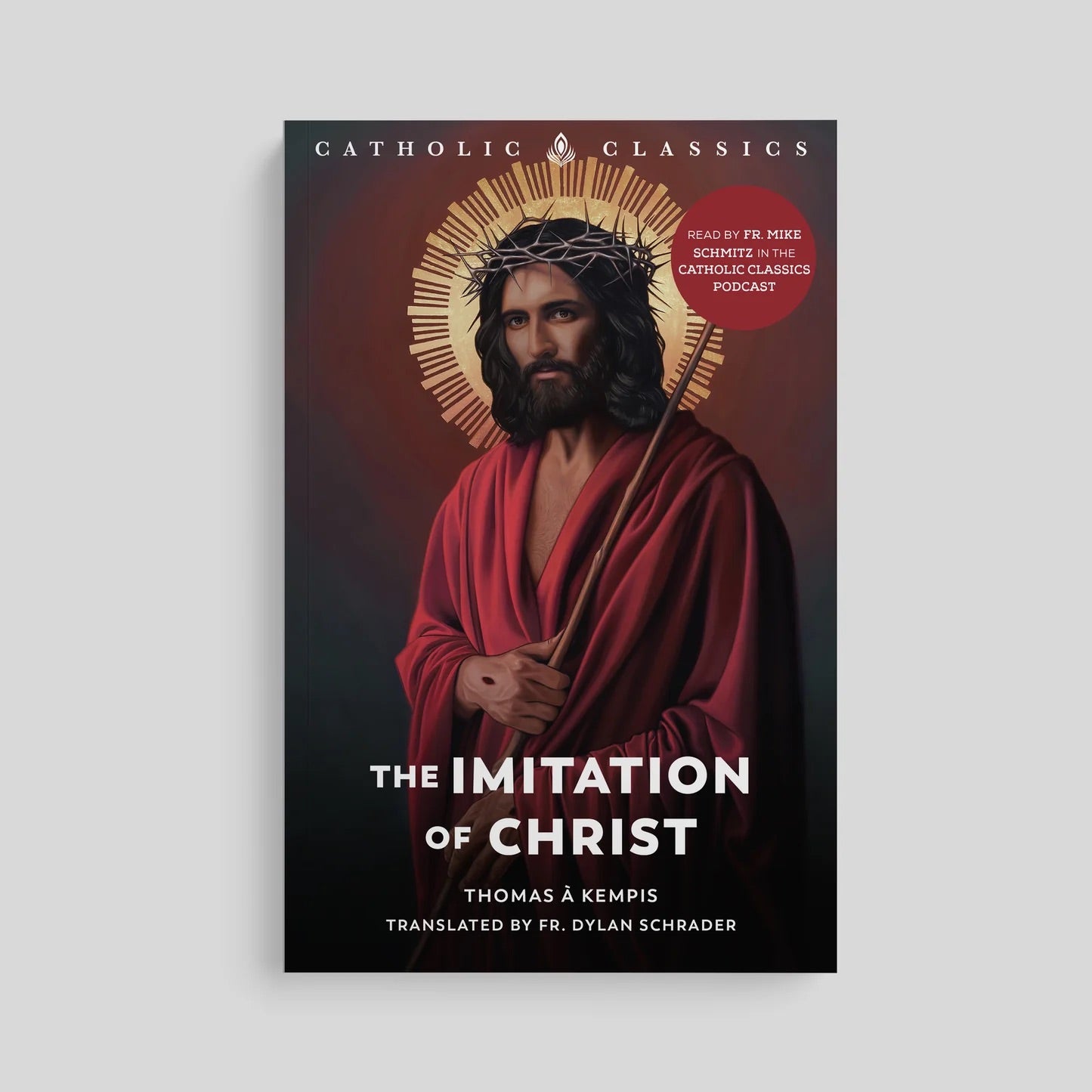 Book cover of 'The Imitation of Christ' by Thomas à Kempis with a depiction of Jesus wearing a crown of thorns.