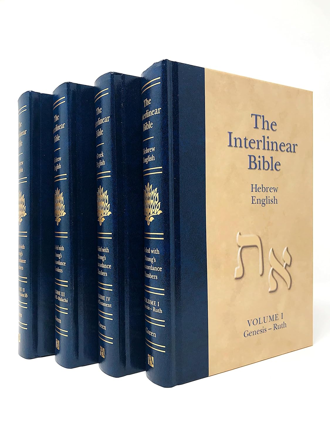 Set of blue books with a beige cover titled 'The Interlinear Bible' on a white background