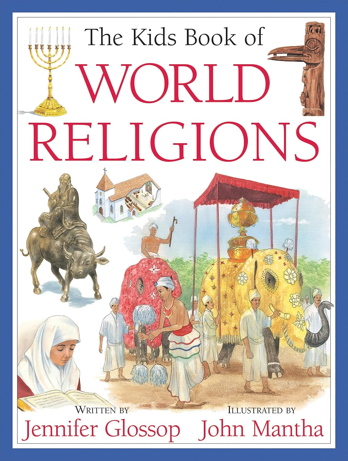 Book cover of 'The Kids Book of World Religions' with religious symbols and illustrations.