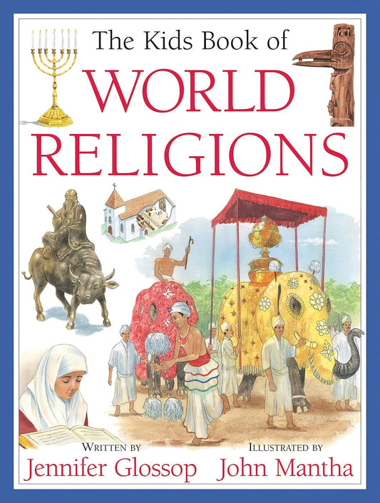 Book cover of 'The Kids Book of World Religions' with religious symbols and illustrations.