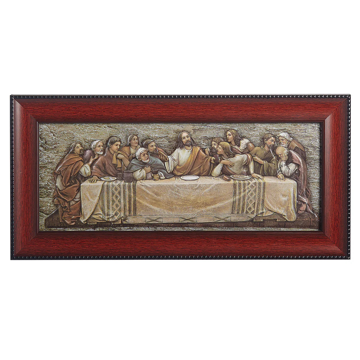 Framed artwork depicting 'The Last Supper' with a wooden frame.