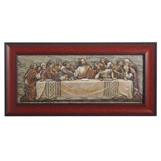 Framed artwork depicting 'The Last Supper' with a wooden frame.