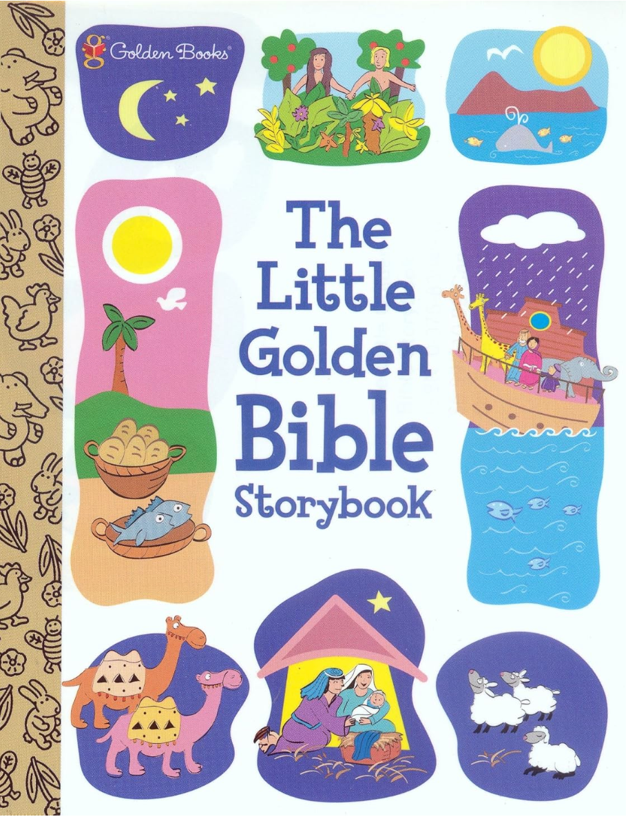Cover of 'The Little Golden Bible Storybook' with colorful illustrations and 'Golden Books' logo.