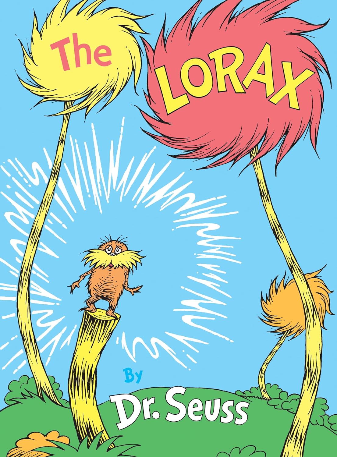 Cover of 'The Lorax' by Dr. Seuss with two trees and a character on a blue background