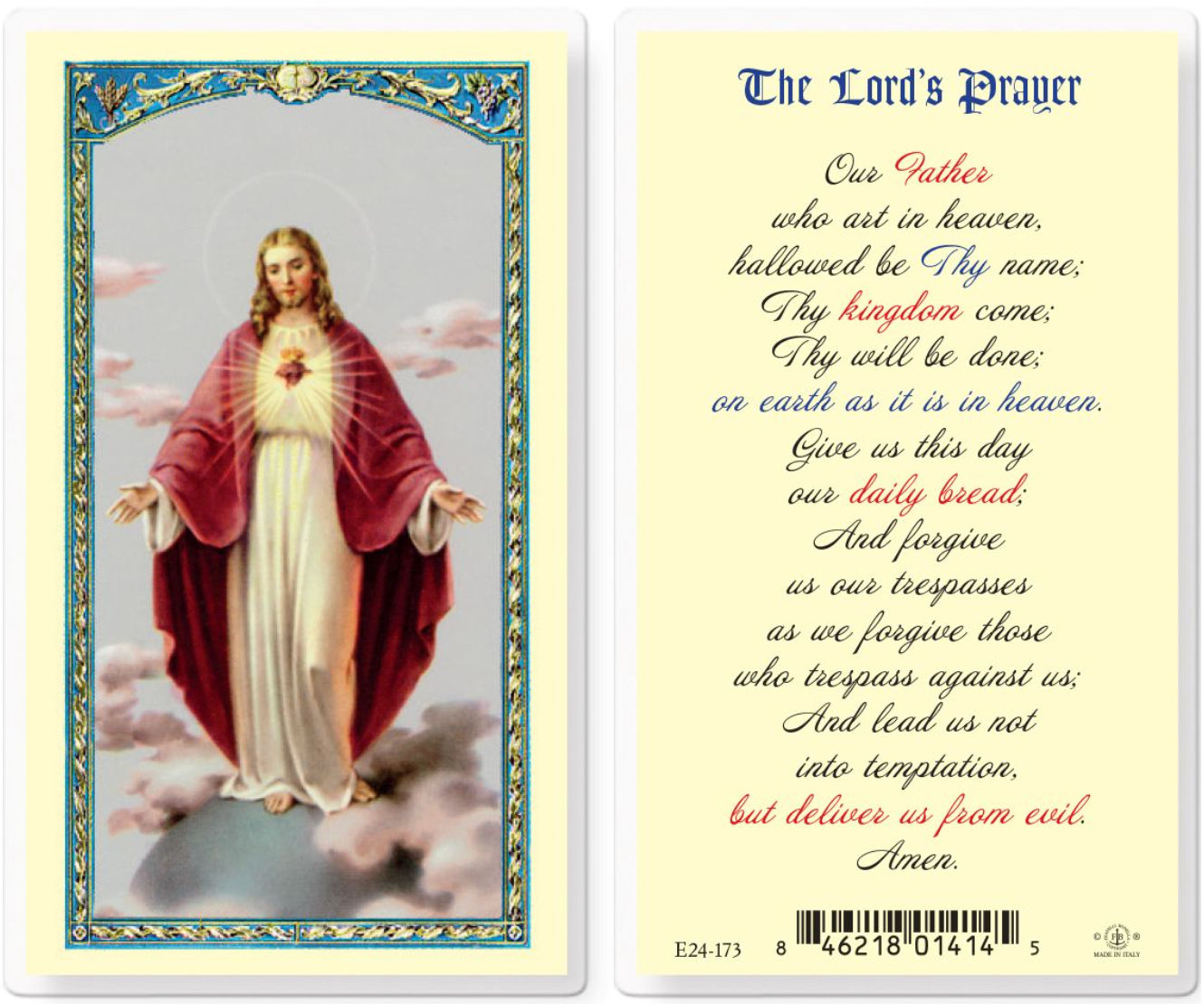 Prayer card with a depiction of a religious figure and the Lord's Prayer text.