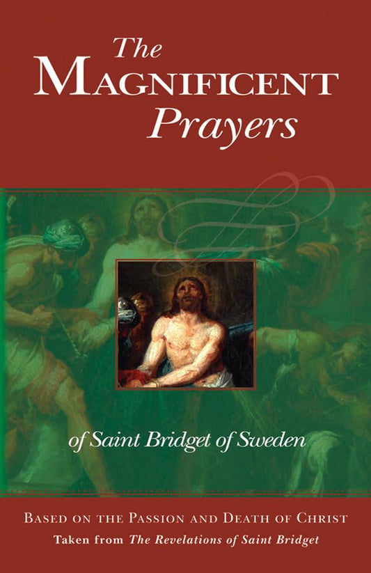 Book cover of 'The Magnificent Prayers of Saint Bridget of Sweden' with a religious illustration on a red and green background.