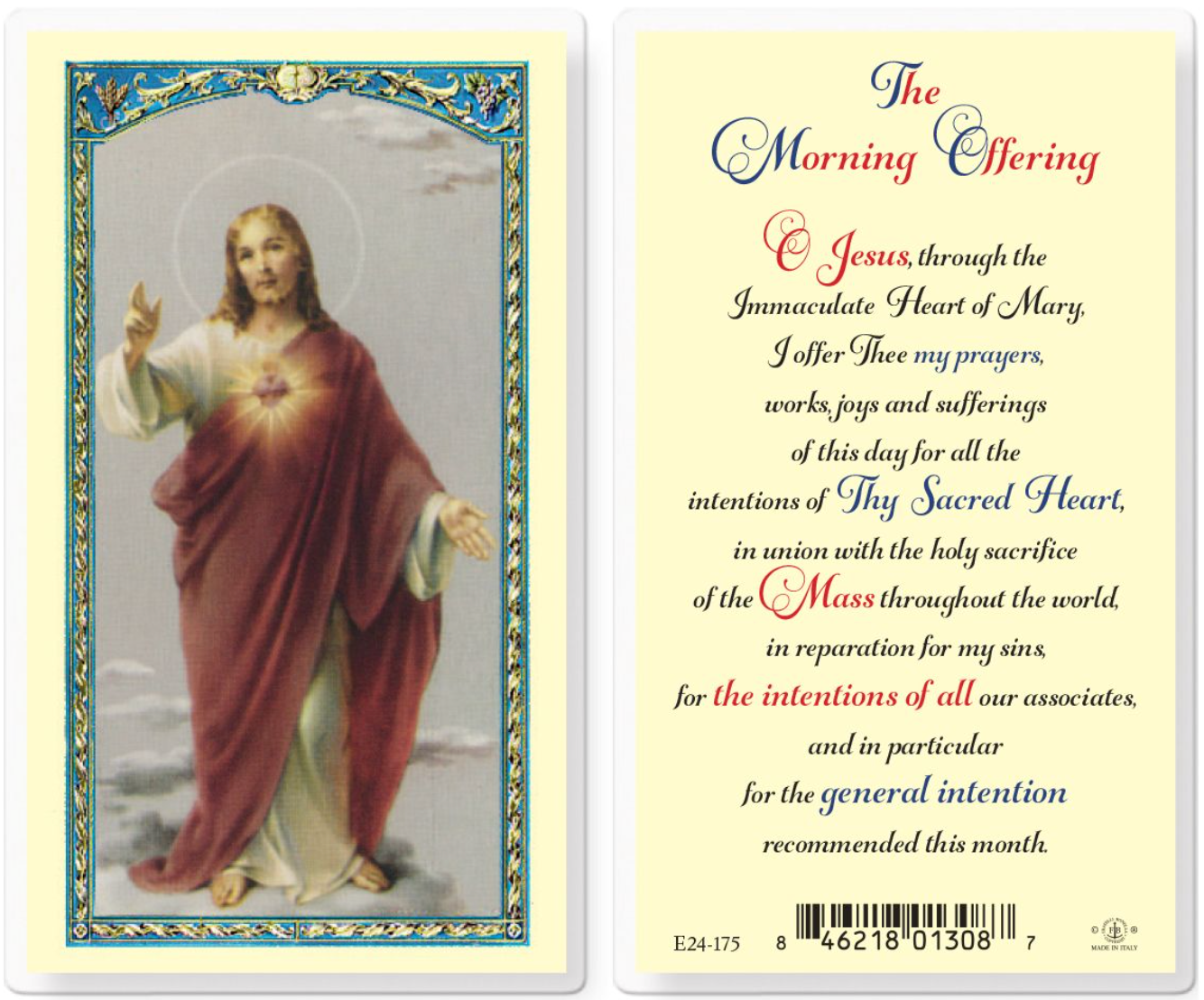 Prayer card with an illustration of a religious figure and text on a white background