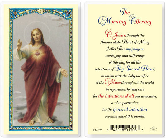 Prayer card with an illustration of a religious figure and text on a white background