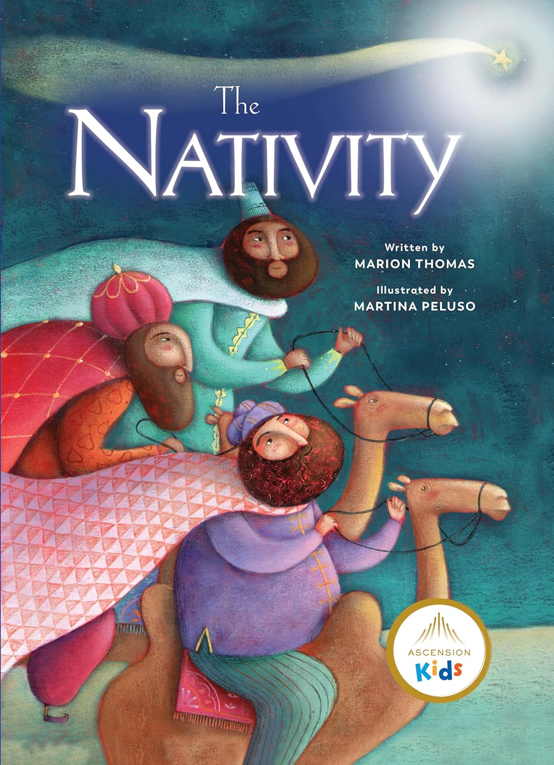 Book cover of 'The Nativity' with illustrations of three wise men on a blue background.