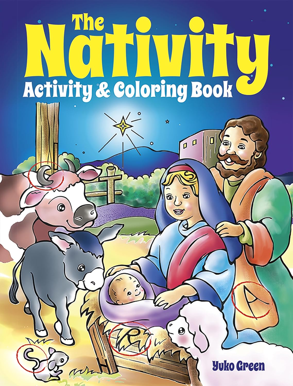 Cover of 'The Nativity Activity & Coloring Book' with a cartoon depiction of the nativity scene.