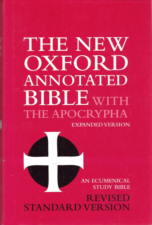 Red book cover of 'The New Oxford Annotated Bible with the Apocrypha' on a white background