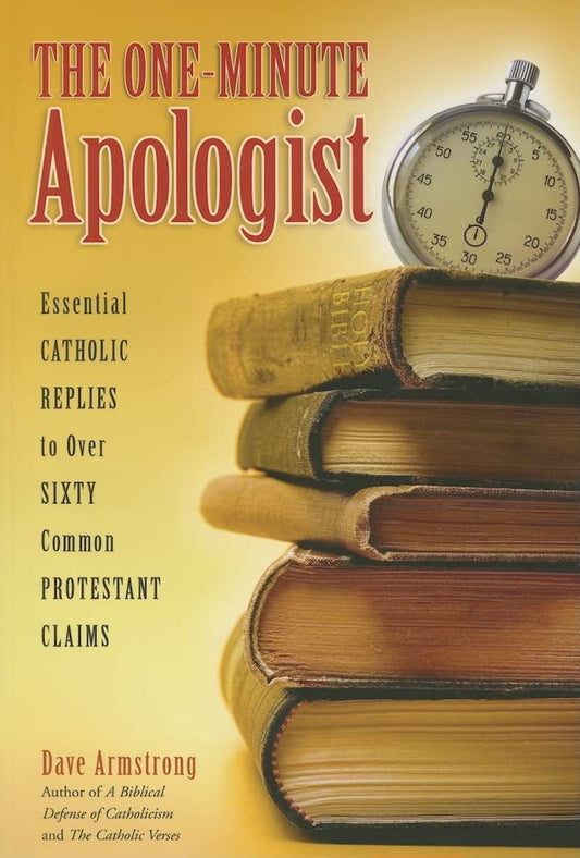 Book cover of 'The One-Minute Apologist' with books and a stopwatch on a yellow background