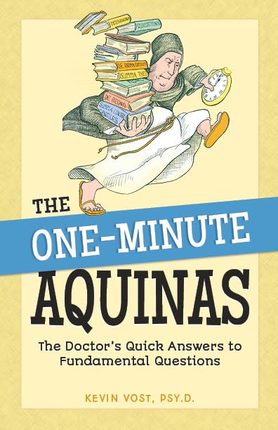 Book cover of 'The One-Minute Aquinas' with a illustration of a person holding books and a clock.