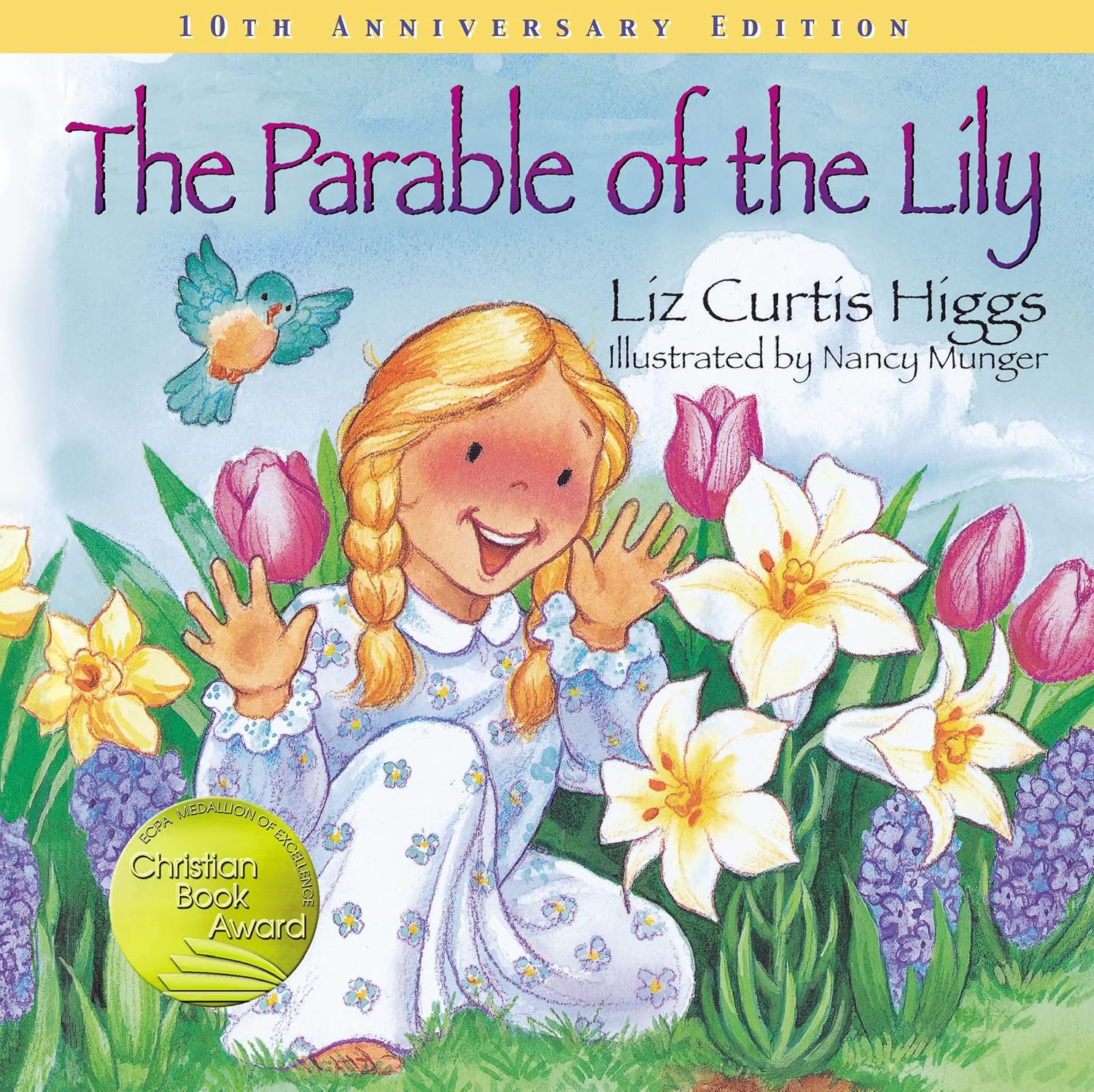 Book cover of 'The Parable of the Lily' with a girl surrounded by flowers and a bird.