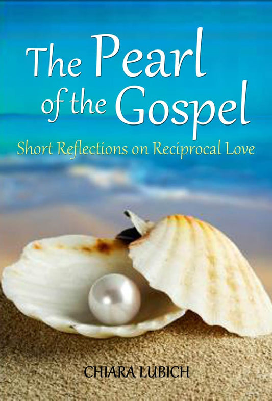 Book cover of 'The Pearl of the Gospel' with a pearl and shell on a beach.