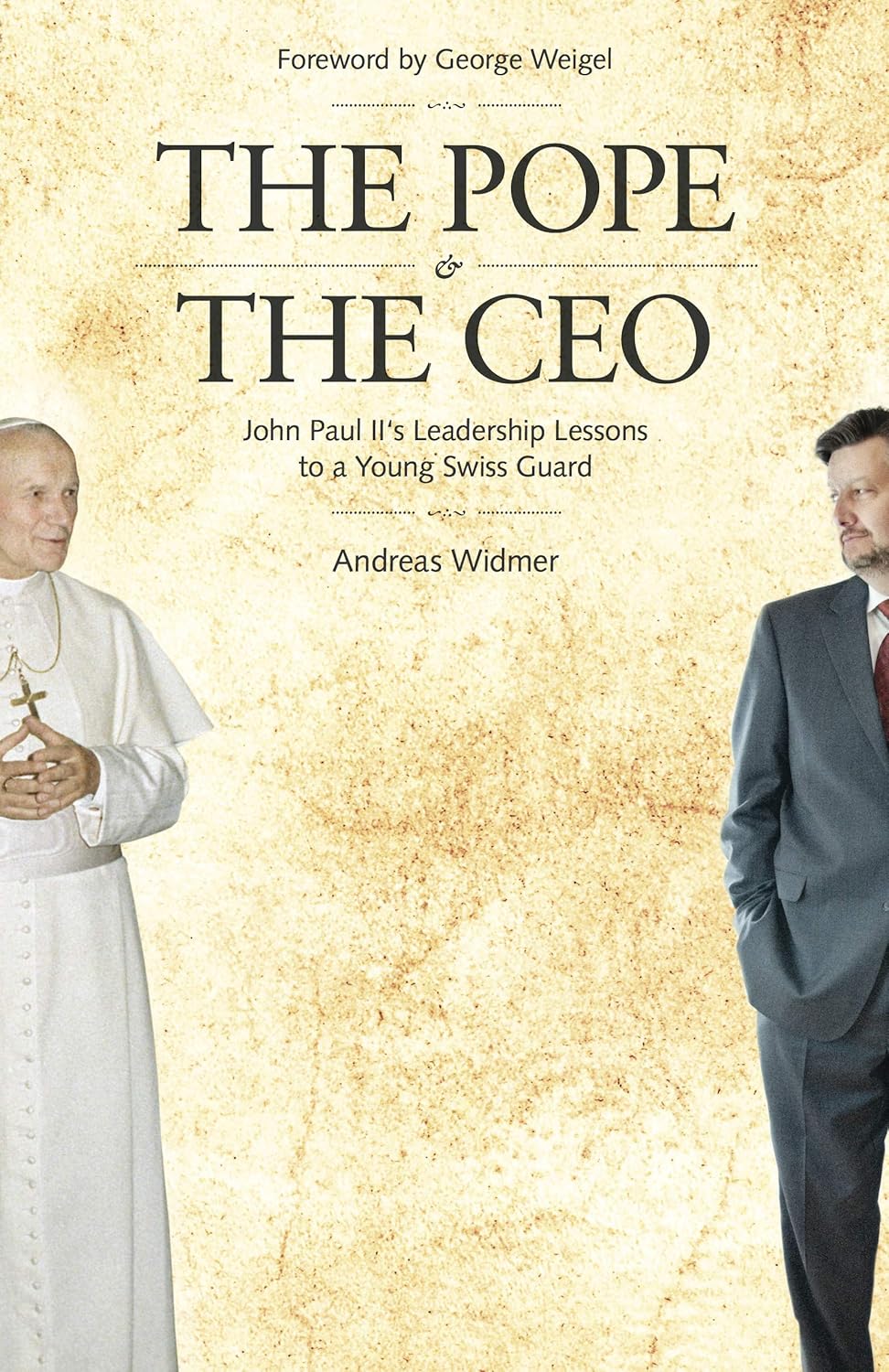 Book cover of 'The Pope & The CEO' with two men on a textured beige background