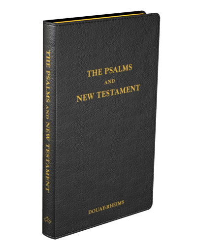 Black leather-bound book titled 'The Psalms and New Testament' with gold text on a white background