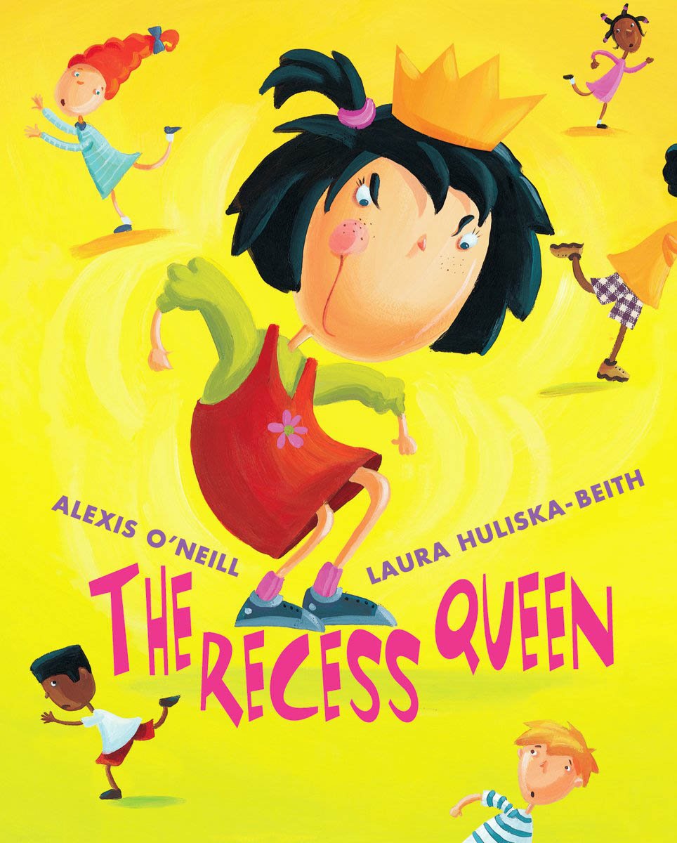 Book cover of 'The Recess Queen' with a colorful illustration of a girl in a crown on a yellow background.