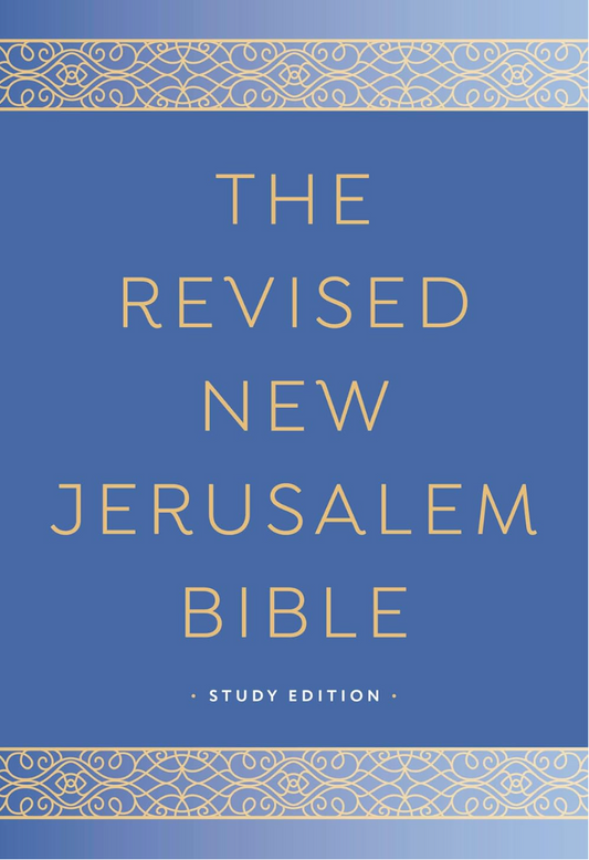 Blue book cover of 'The Revised New Jerusalem Bible' with gold text and decorative elements.