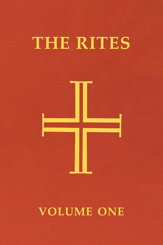 Red book cover with gold cross symbol and text 'The Rites Volume One' on a red background