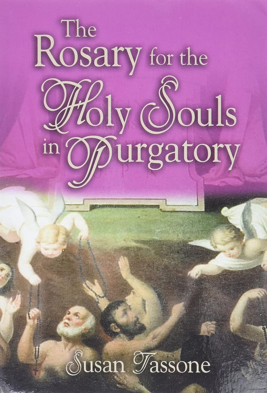 Book cover of 'The Rosary for the Holy Souls in Purgatory' with a purple background and religious artwork.