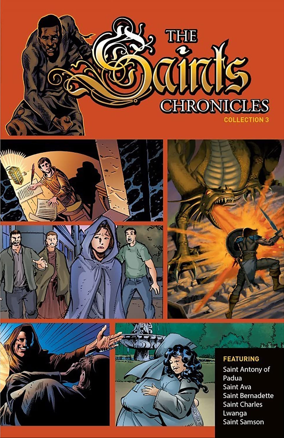 Comic book collection titled 'The Saints Chronicles' with various characters and scenes on an orange background.