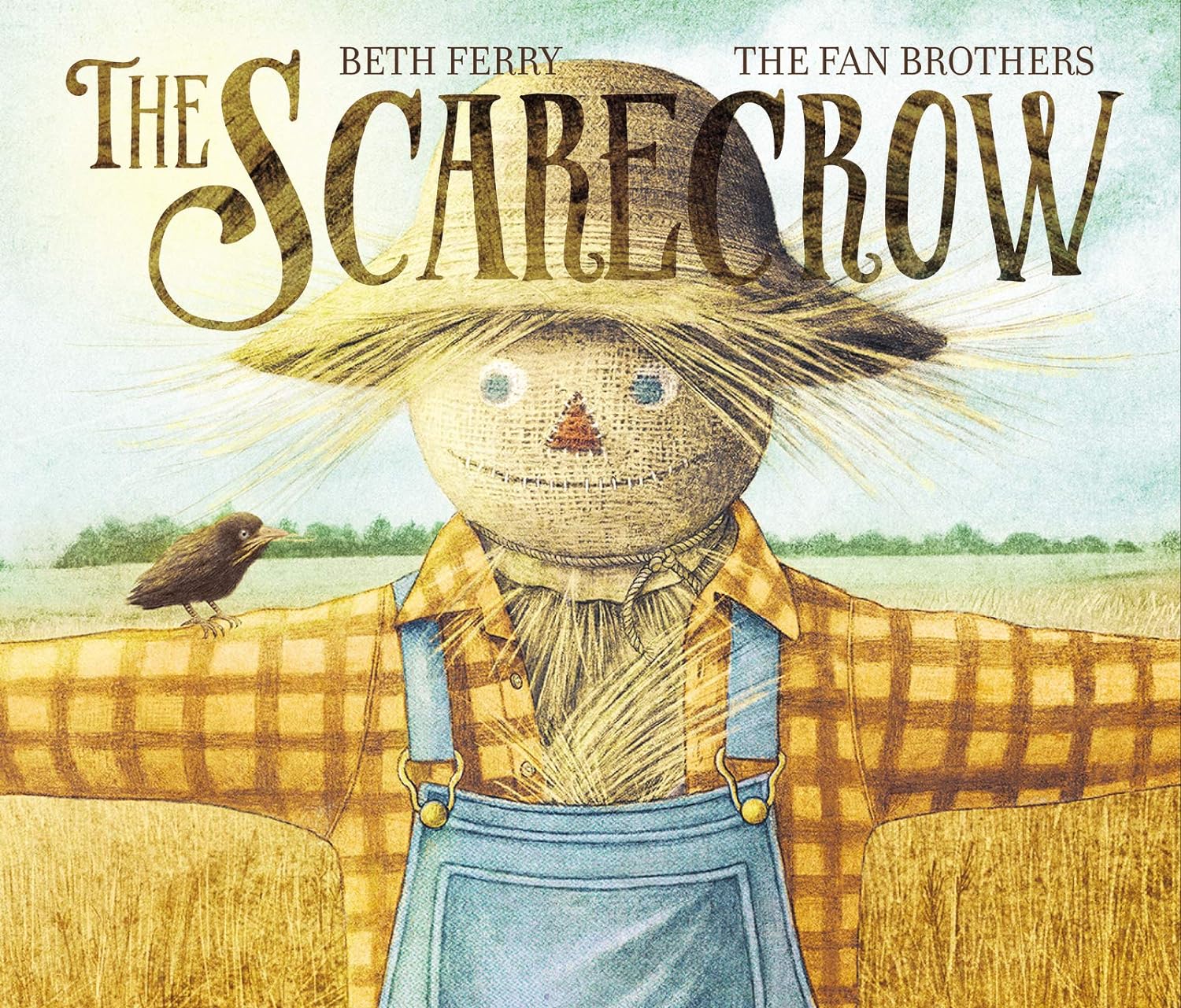 Cover of the book 'The Scarecrow' featuring an illustration of a smiling scarecrow with a crow perched on its shoulder, set against a field background.