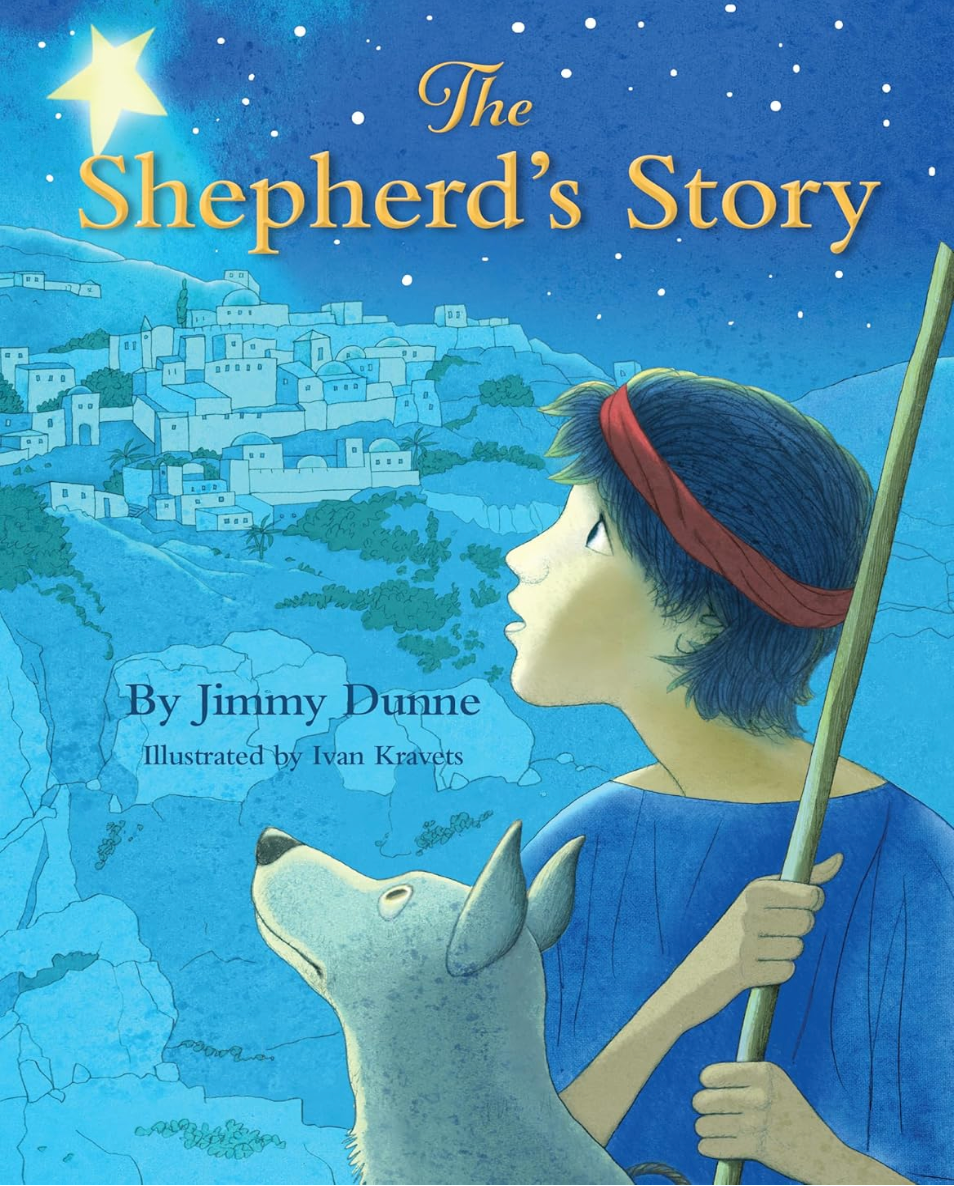 Cover of 'The Shepherd's Story' children's book, featuring an illustration of a young boy with a staff, a sheath, and a donkey, against a backdrop of a village at night with a bright star.