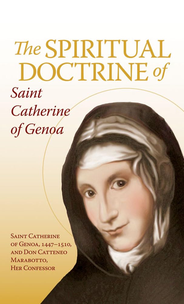 Book cover of 'The Spiritual Doctrine of Saint Catherine of Genoa' with a portrait of Saint Catherine on a yellow background.