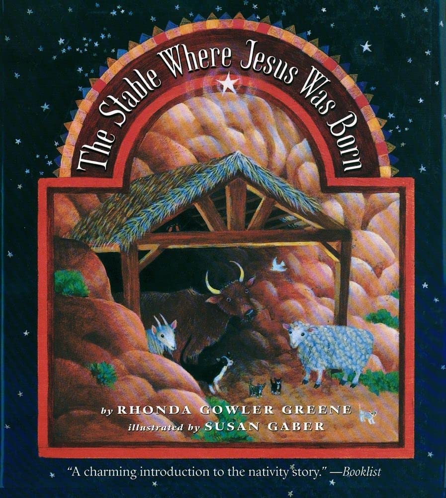 Book cover of 'The Stable Where Jesus Was Born' with a nativity scene illustration.